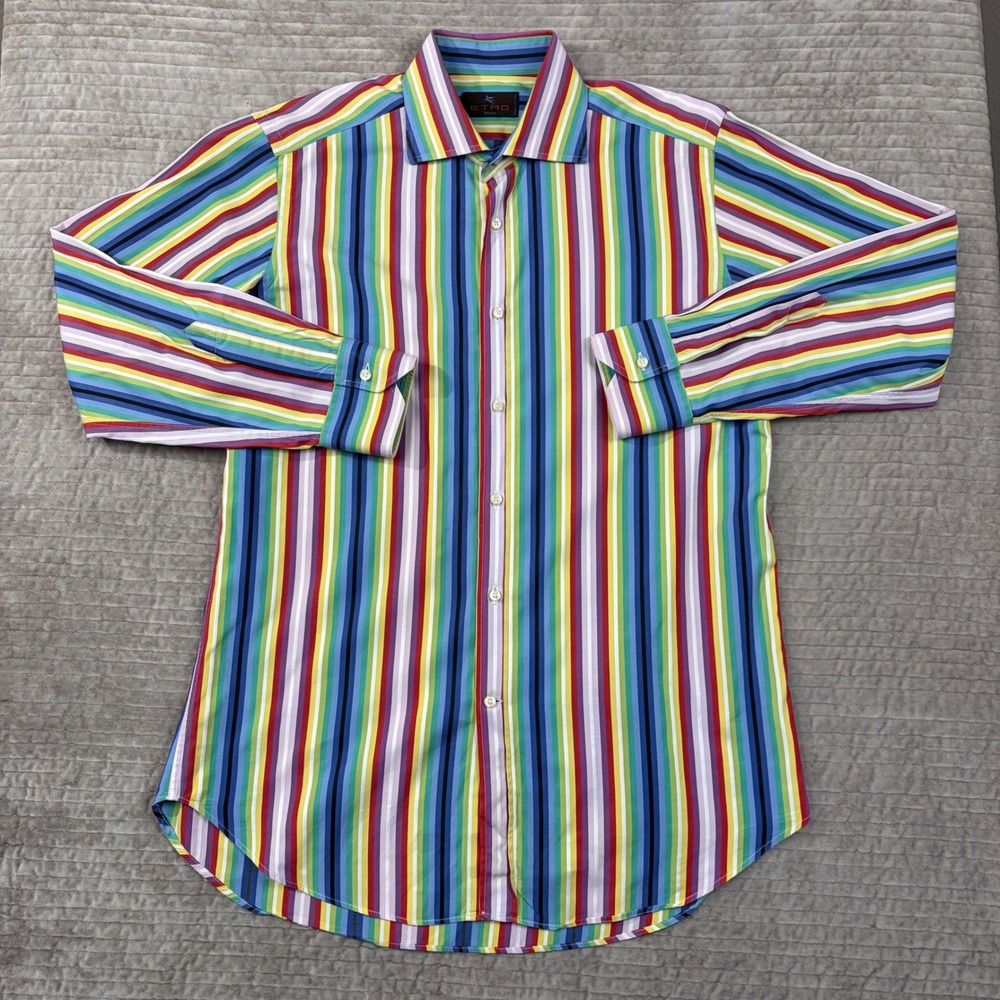 Etro Milano Mens Rainbow Stripe Button Down Shirt 40 Multi‎ Color Made in Italy